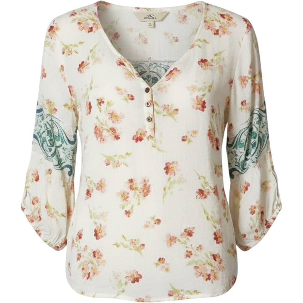 O'Neill Ildri Henley Cream Pink & Blue Floral 3/4 Sleeve Top Women's Size L